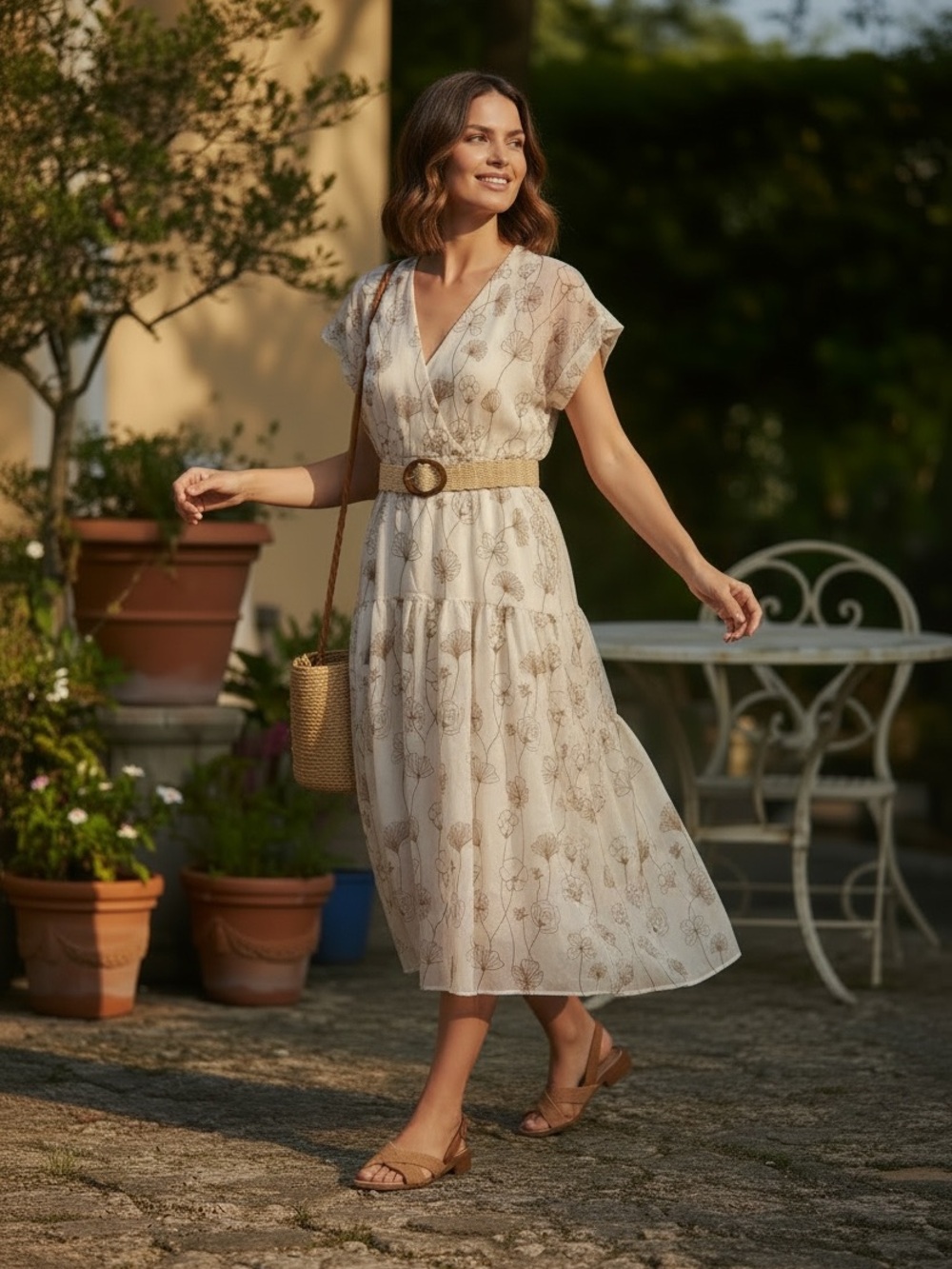Taylor Muted Floral Midi Dress in Cream with Belt-Size 12